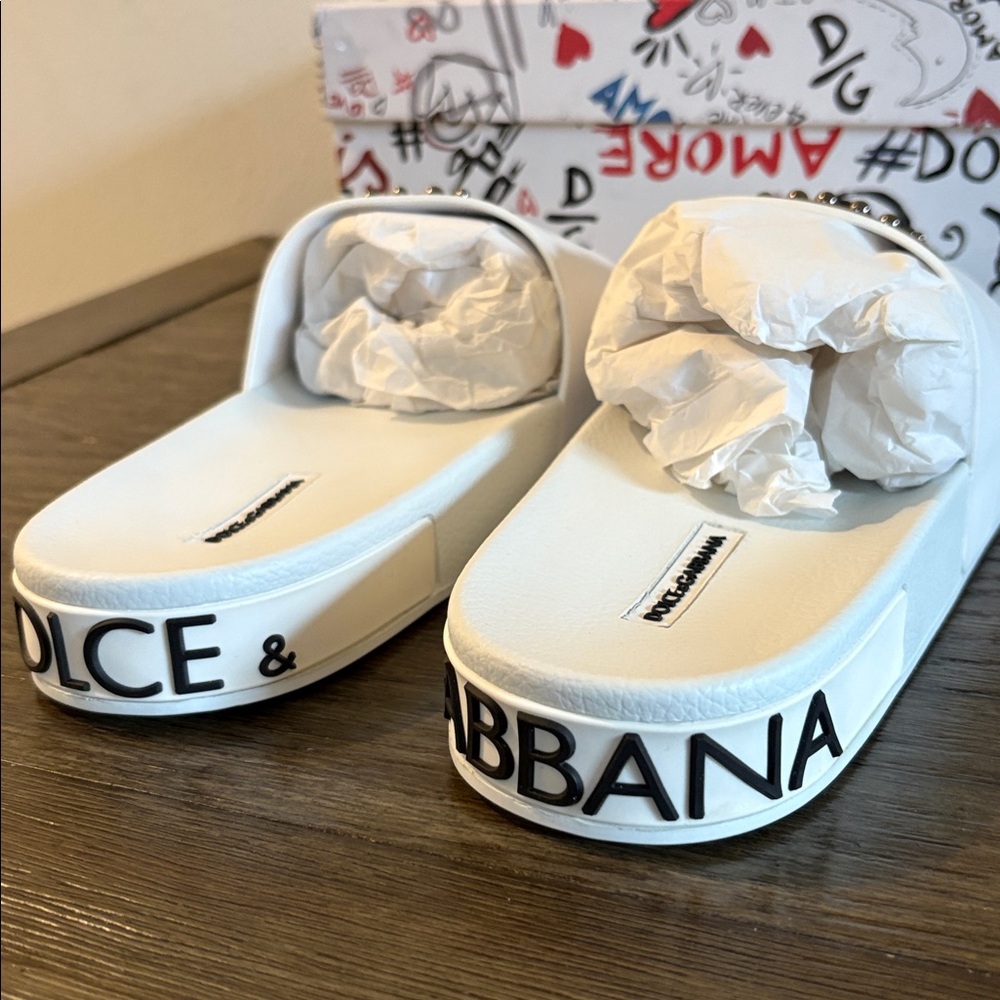 NIB [Dolce & Gabanna] Patches of the Designers Rubber/Calfskin Slides Mens US 10 - Picture 8 of 14